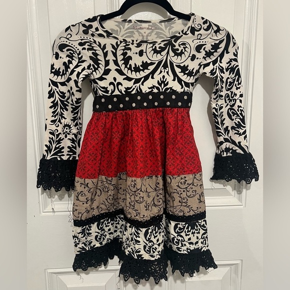 Mustard Pie Kids Red, Black, & White Damask Patchwork Dress with Lace Trim Sz 4 - Picture 2 of 13